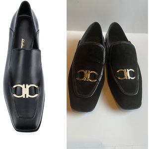 SALVATORE FERRAGAMO Lana Gancini Square Toe Block heel Loafers Black Gray Shoes